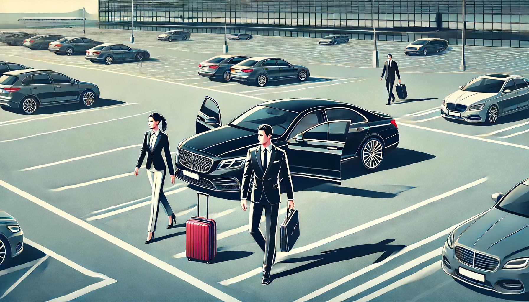 DALL·E 2024-06-16 18.29.06 - An illustration of a luxury black car with its door open, parked in an empty parking lot. A man and a woman, both dressed in business attire (the man