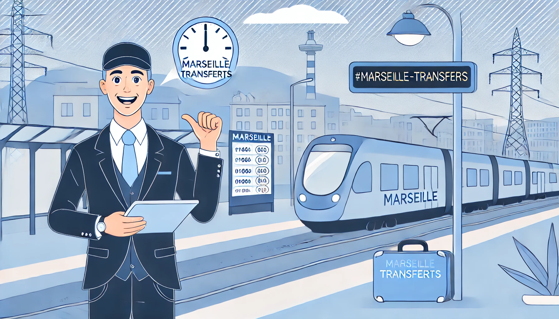 DALL·E 2024-08-08 20.27.42 - An illustration in the colors #dabc69 and #0046a4, featuring a professional driver waiting at a train station with a sign that reads 'Marseille-Transf