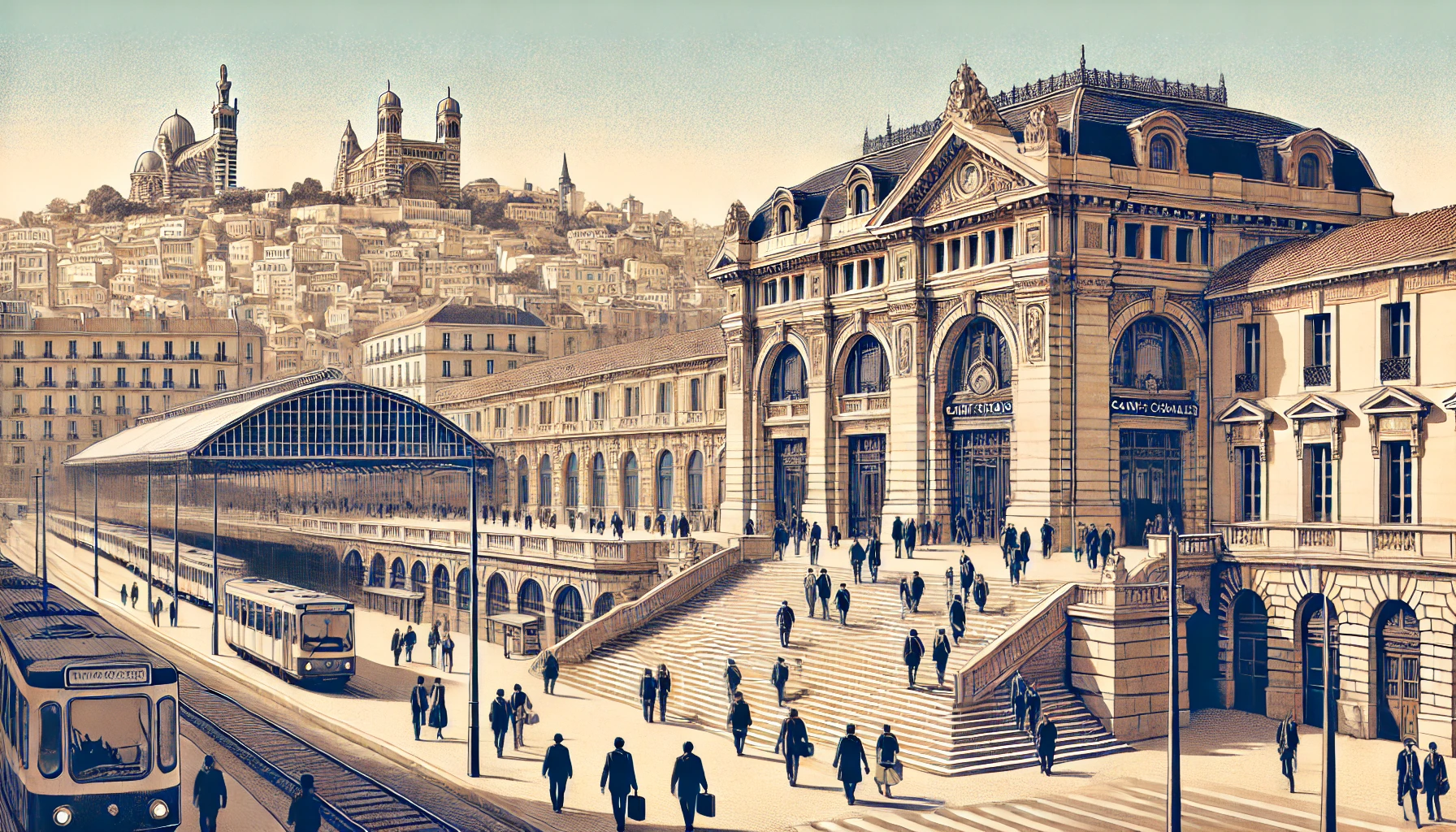 DALL·E 2024-08-08 21.05.59 - Illustration of Gare Saint-Charles in Marseille. The image shows the grand main entrance of the station with its impressive staircase. The station bui